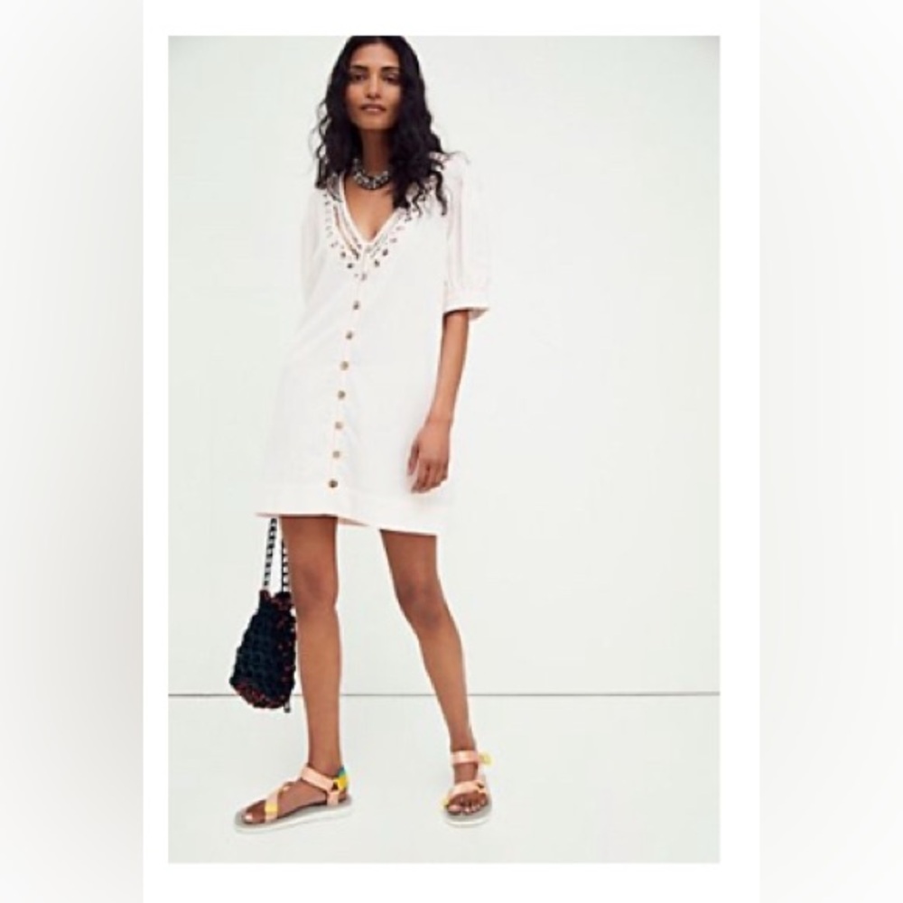 Free People White Mini Dress with Button Detail